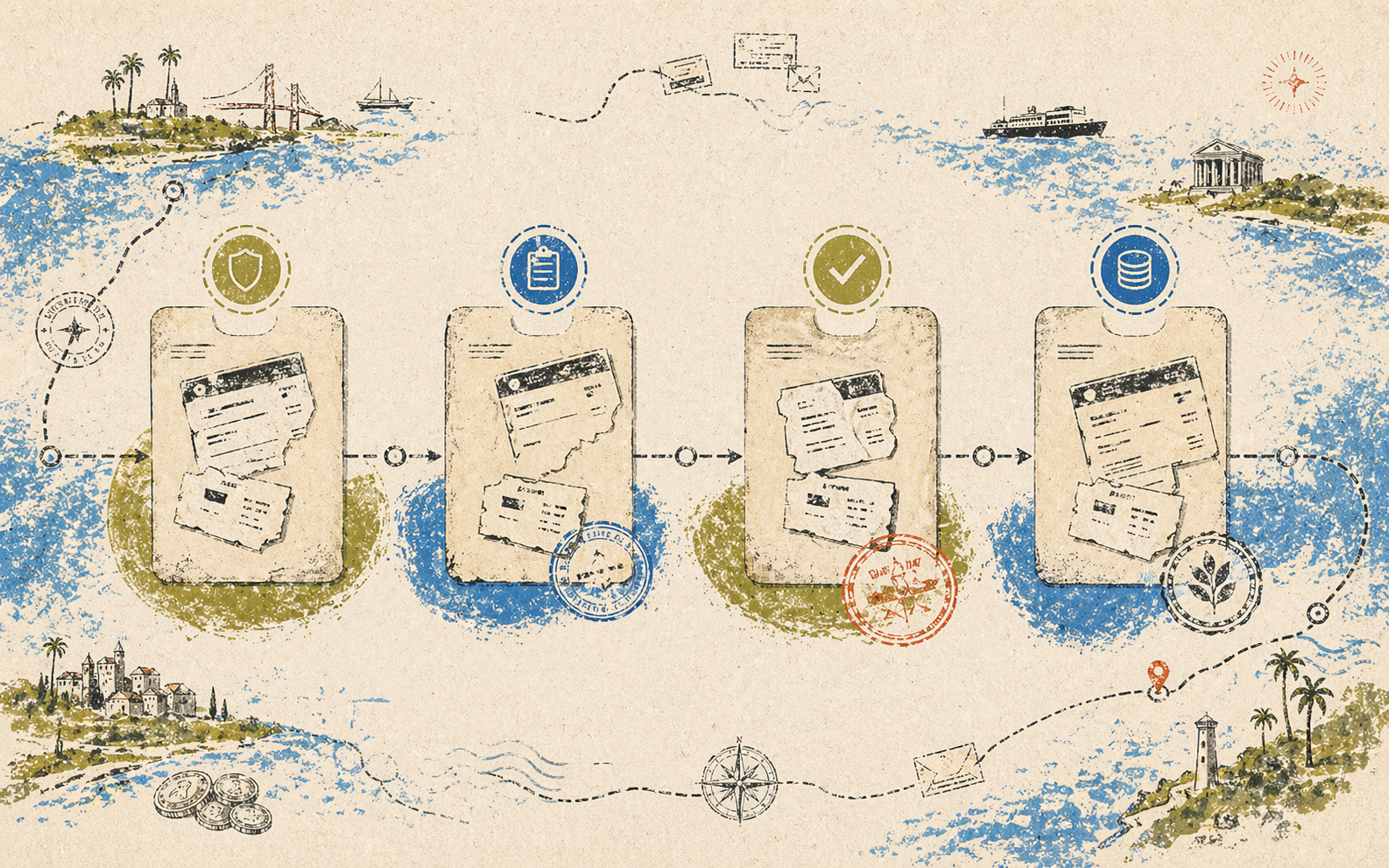 Sendero illustrated stamp collage representing the on-chain trip passport souvenir.